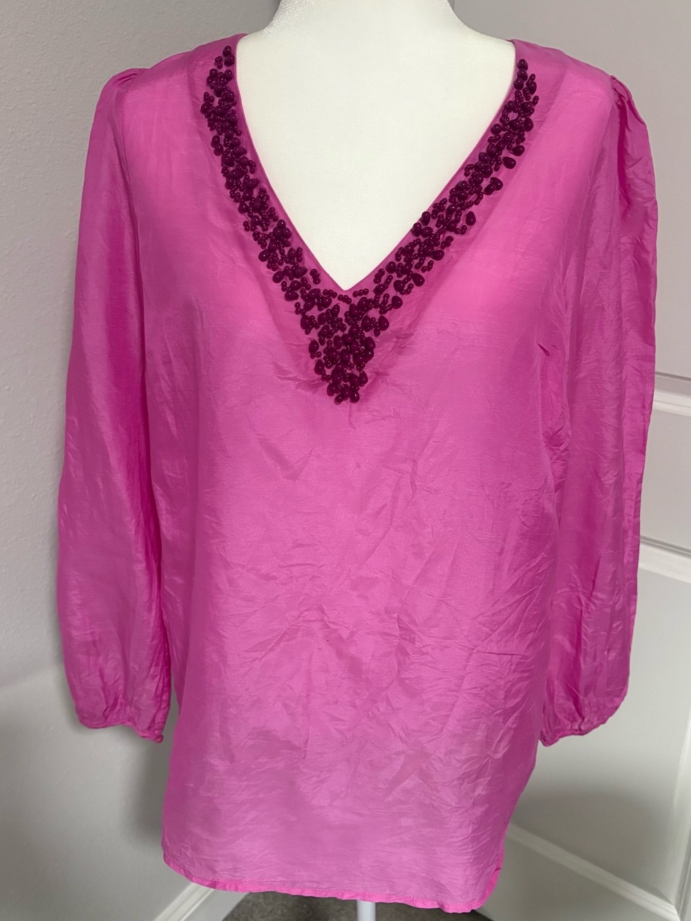 Banana Republic Blouse Women’s Sz Large Pink V-Neck Cotton Silk